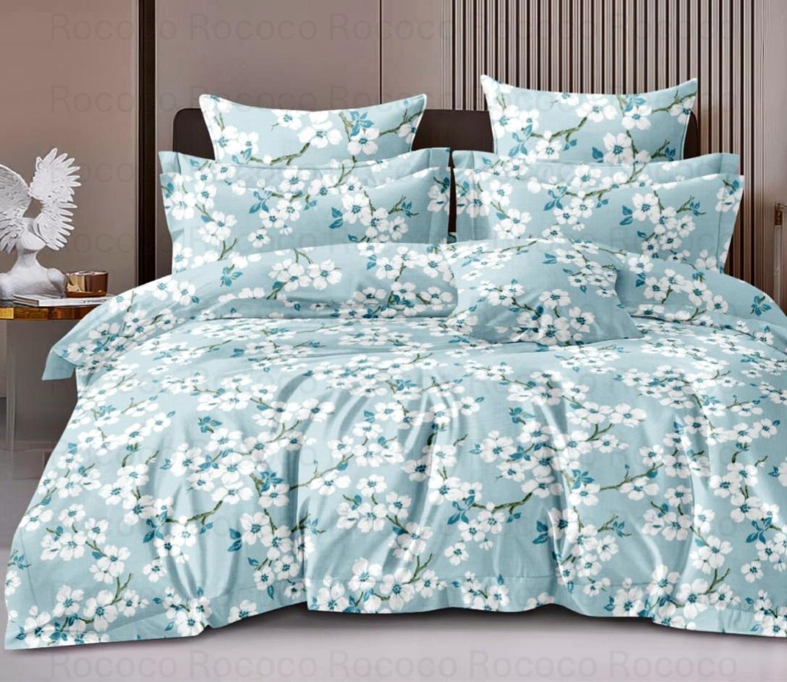 Luxury Aqua Blossom king size cotton bedsheet with elegant print for modern bedroom decor