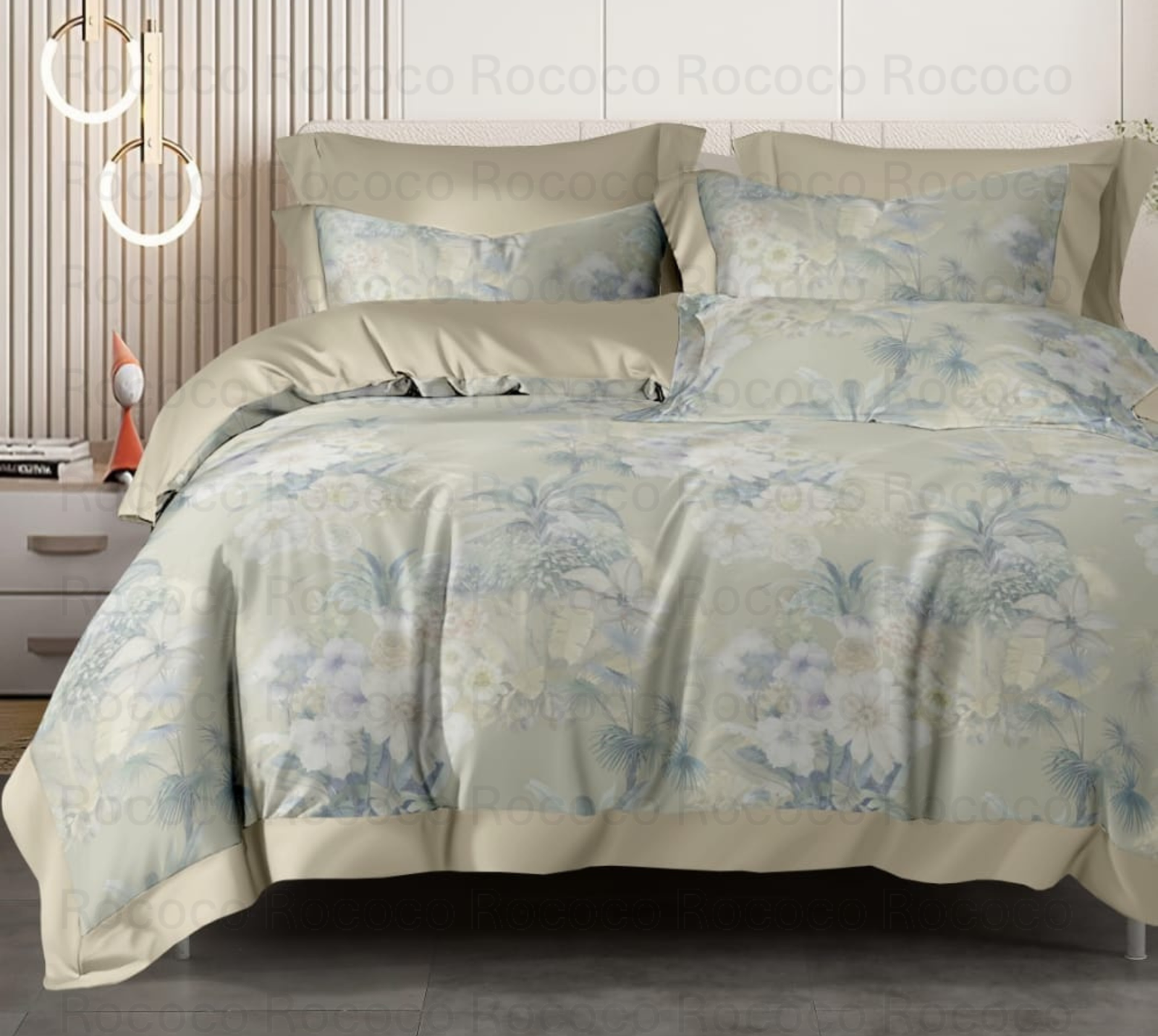 Crescent Aqua Whisper floral comforter set with matching bedsheet and pillow covers by Rococo Stately