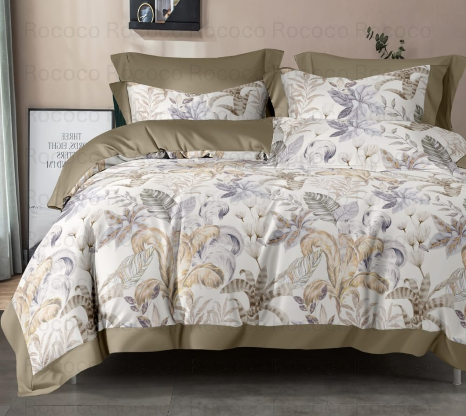 Crescent Desert Leaf floral comforter set with matching bedsheet and pillow covers by Rococo Stately