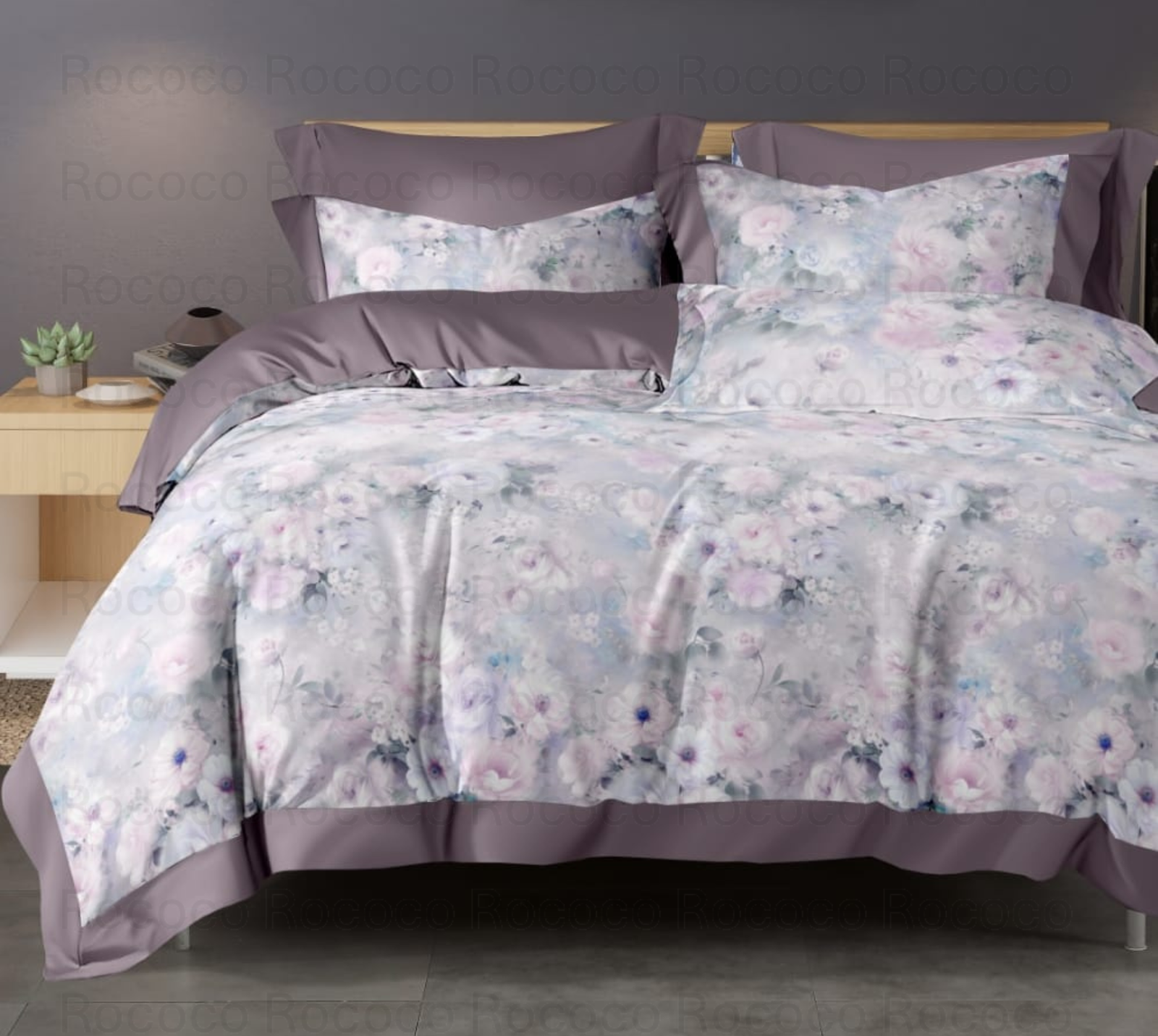 Crescent Lavender Haze floral comforter set with matching bedsheet and pillow covers by Rococo Stately