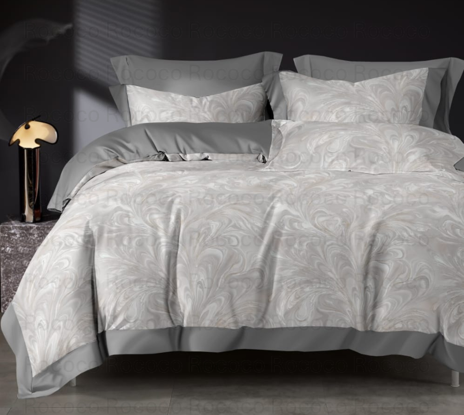 Crescent Marble Glow floral comforter set with matching bedsheet and pillow covers by Rococo Stately