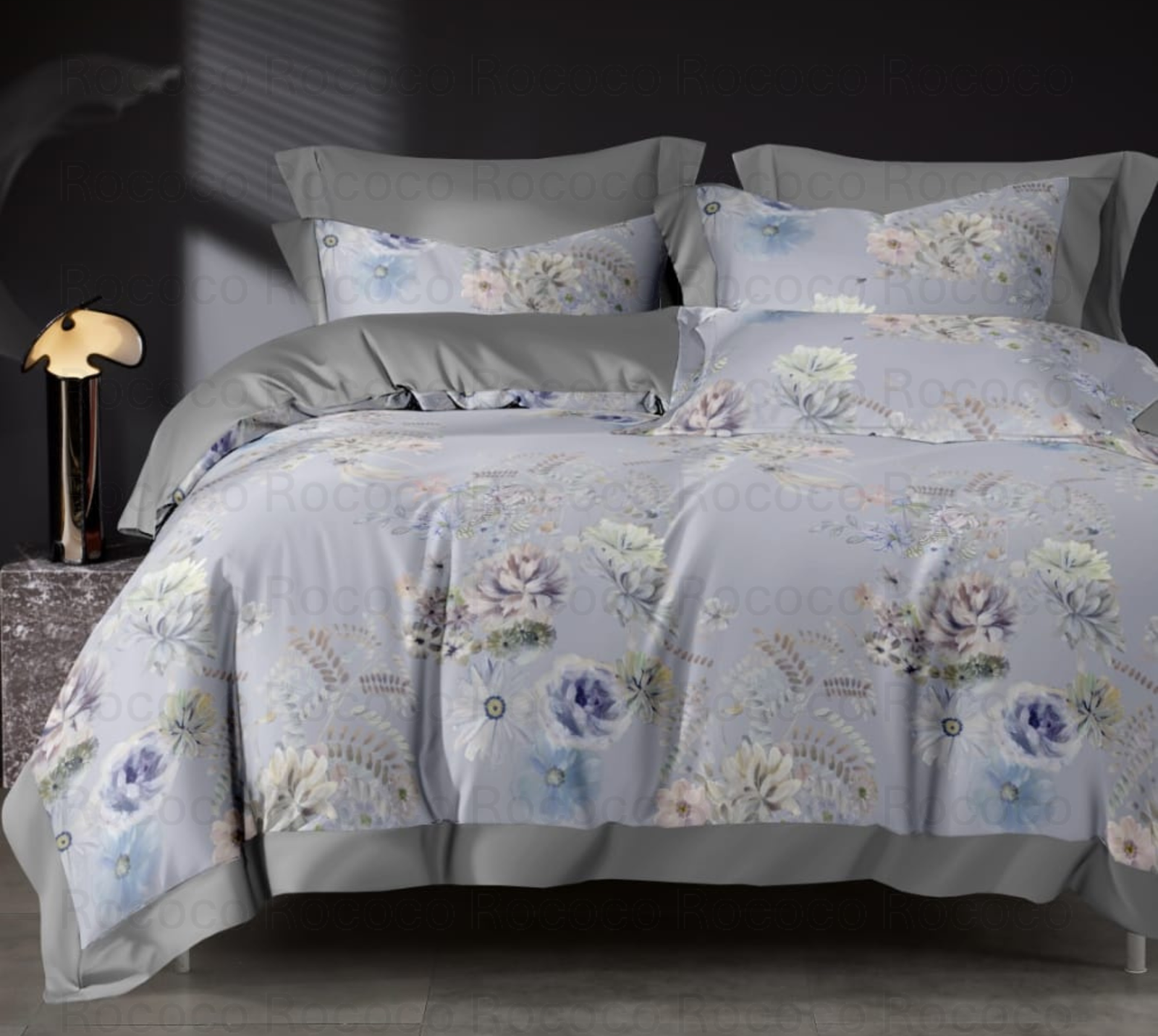 Crescent Misty Bloom floral comforter set with matching bedsheet and pillow covers by Rococo Stately