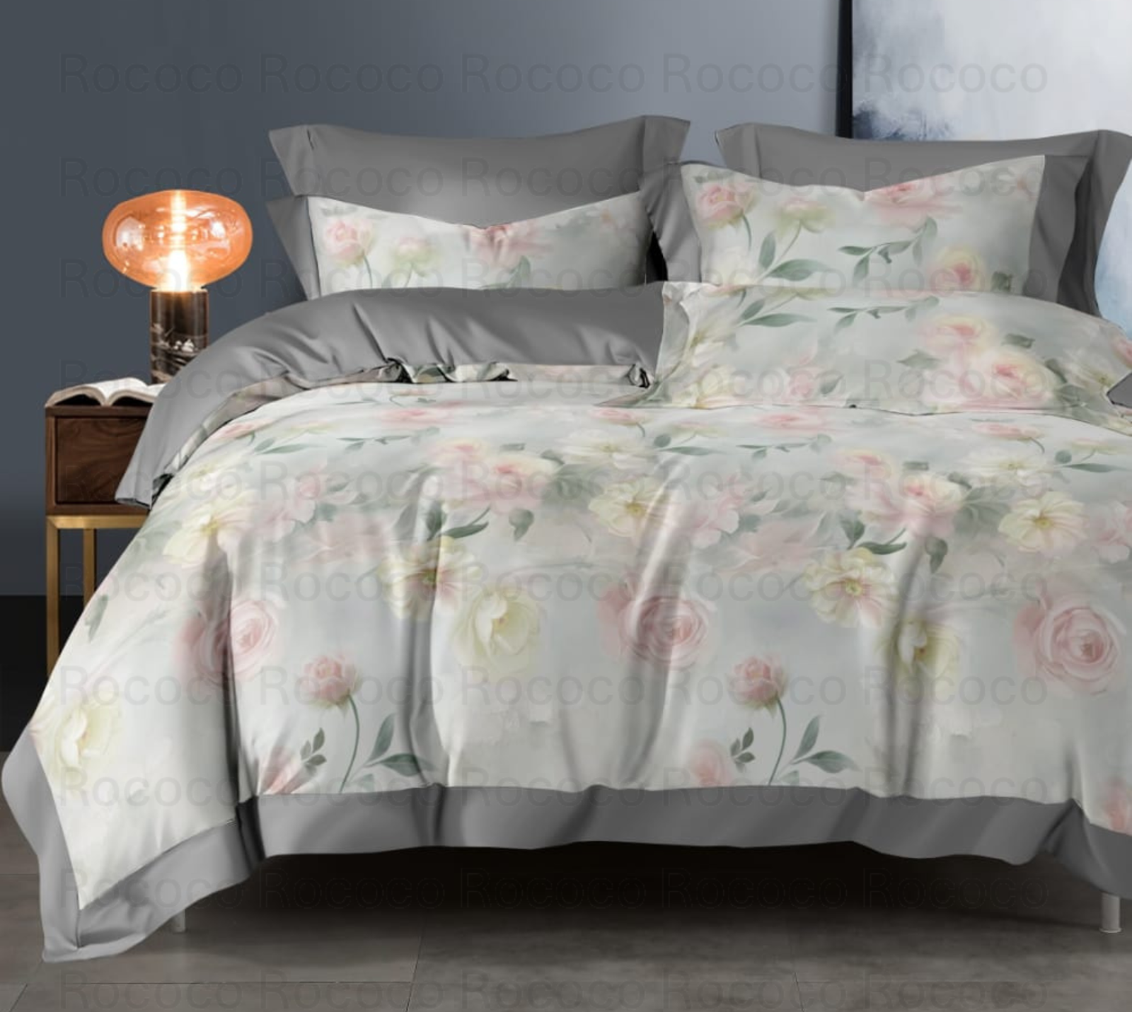Crescent Rose Veil floral comforter set with matching bedsheet and pillow covers by Rococo Stately
