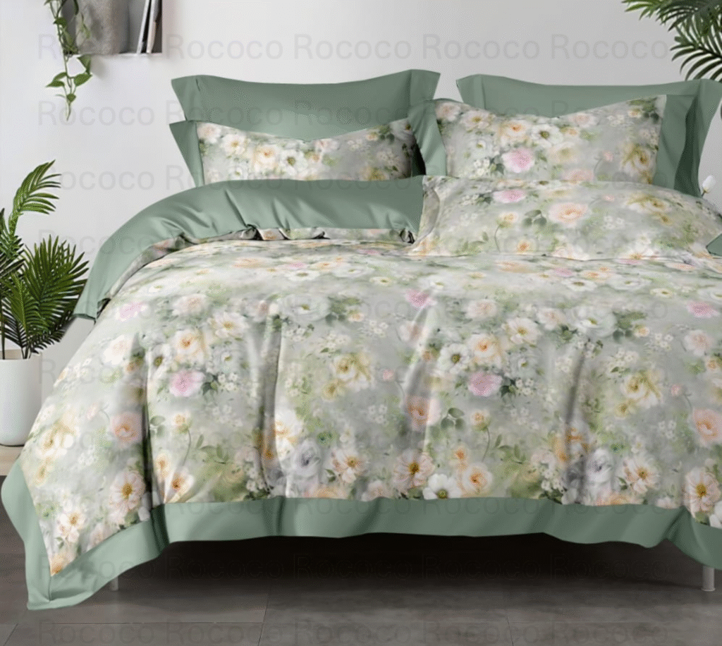 Crescent Sage Blossom floral comforter set with matching bedsheet and pillow covers by Rococo Stately