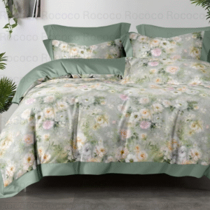 Crescent Sage Blossom floral comforter set with matching bedsheet and pillow covers by Rococo Stately