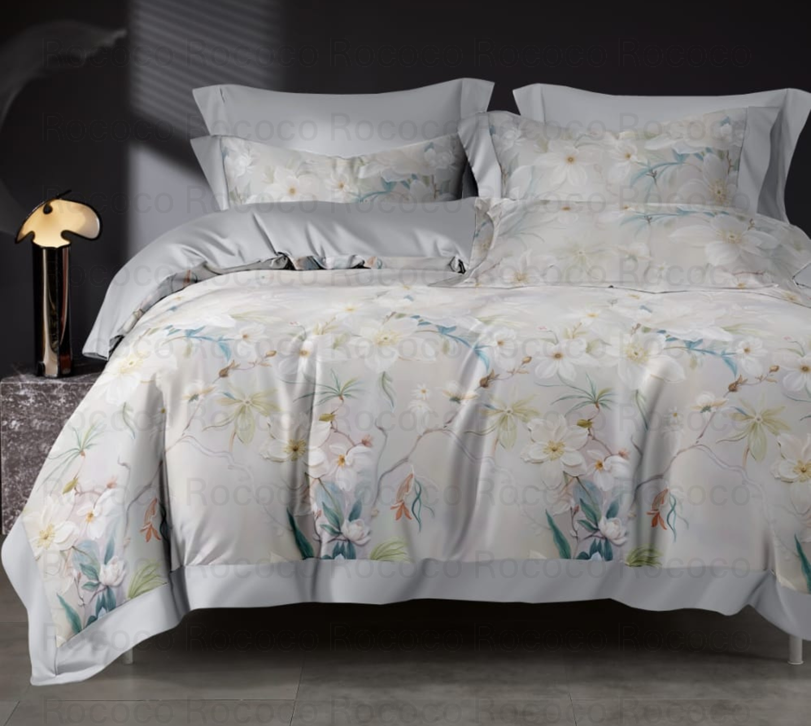 Crescent White Daisy floral comforter set with matching bedsheet and pillow covers by Rococo Stately