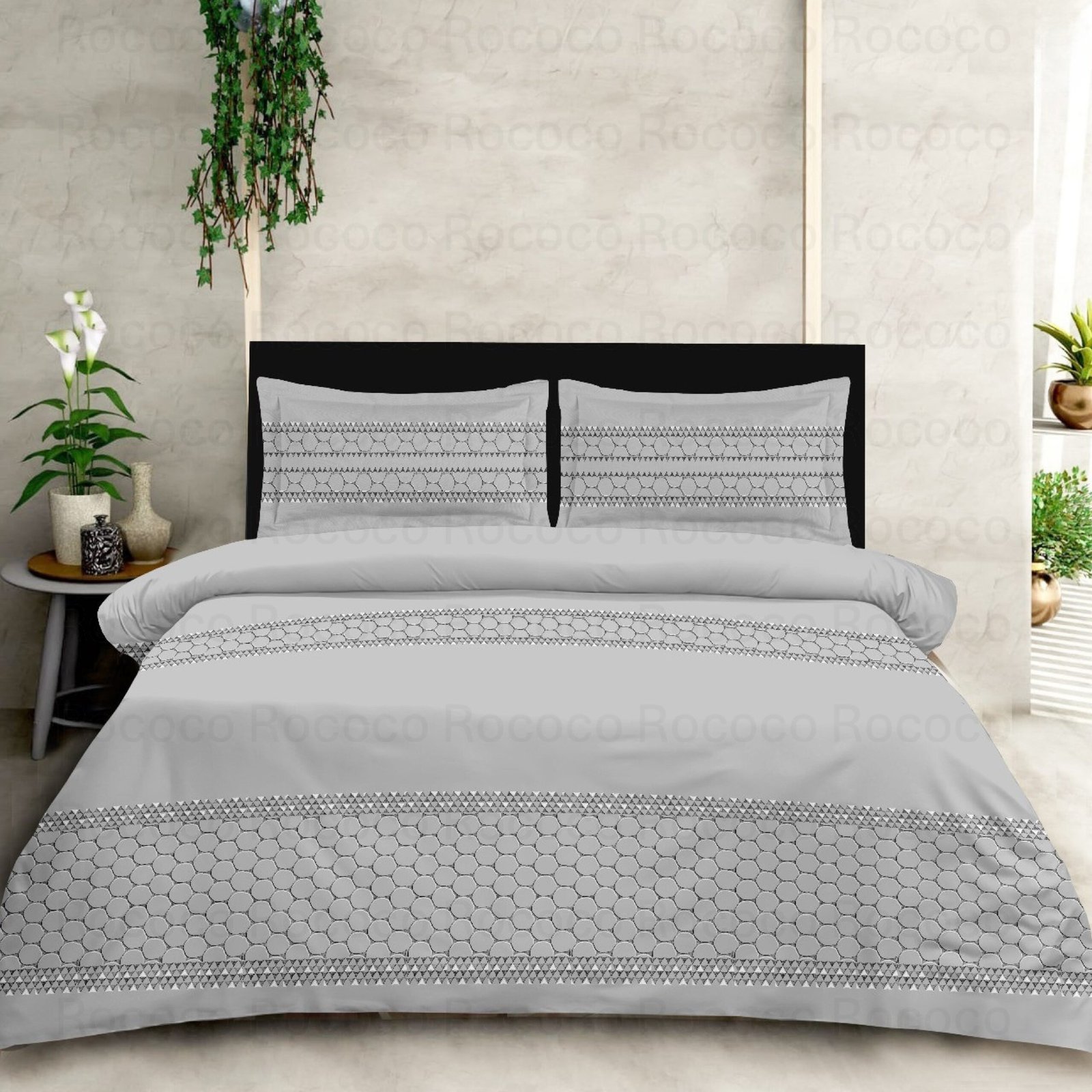 Grey Dot luxury cotton bedsheet set by Rococo Stately Premium grey geometric dot bedding set for modern bedrooms