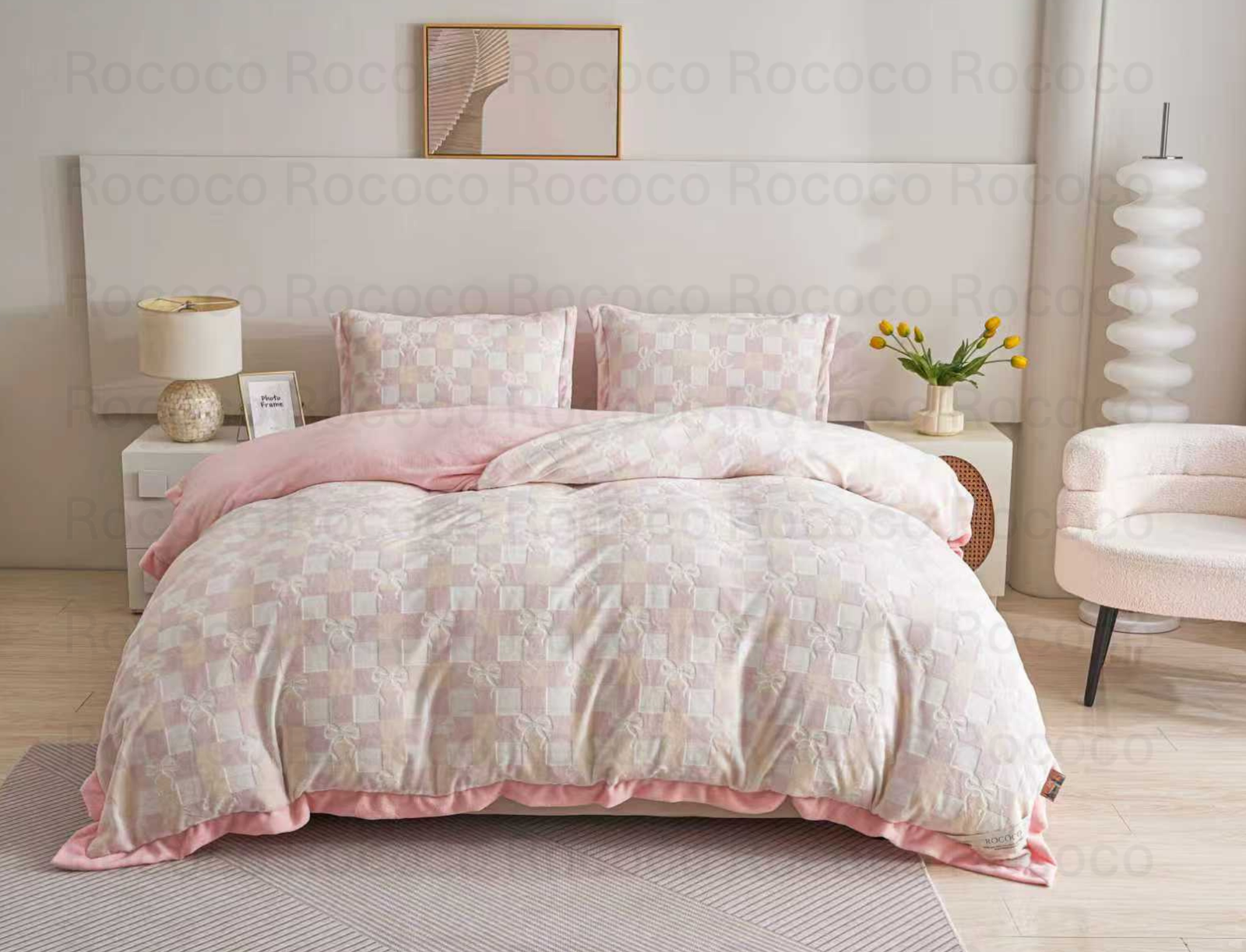 Epic Set Blush Checks luxury quilt set design and matching pillow covers styled in a modern bedroom interior.