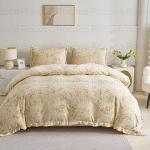 Epic Set Golden Bloom luxury quilt set design and matching pillow covers styled in a modern bedroom interior.