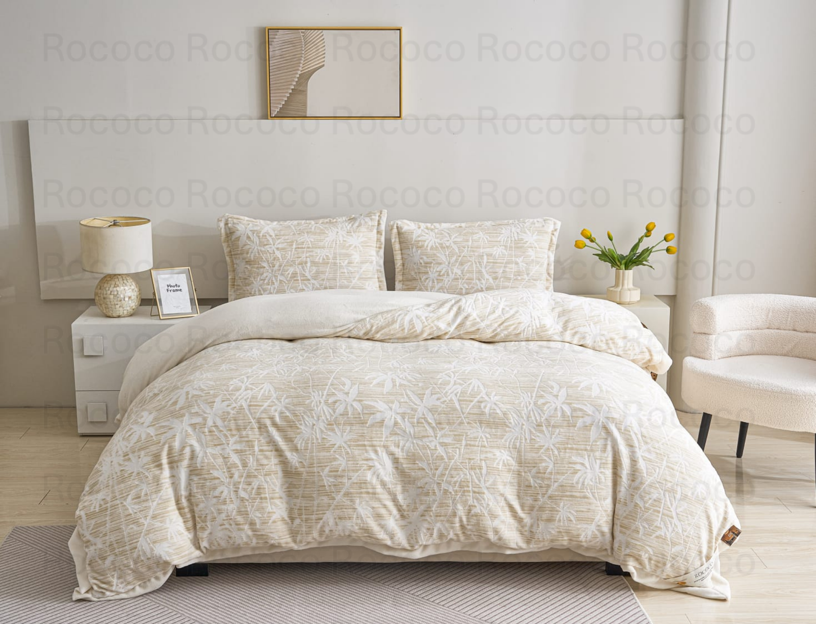 Epic Set Ivory Bamboo luxury quilt set design and matching pillow covers styled in a modern bedroom interior.