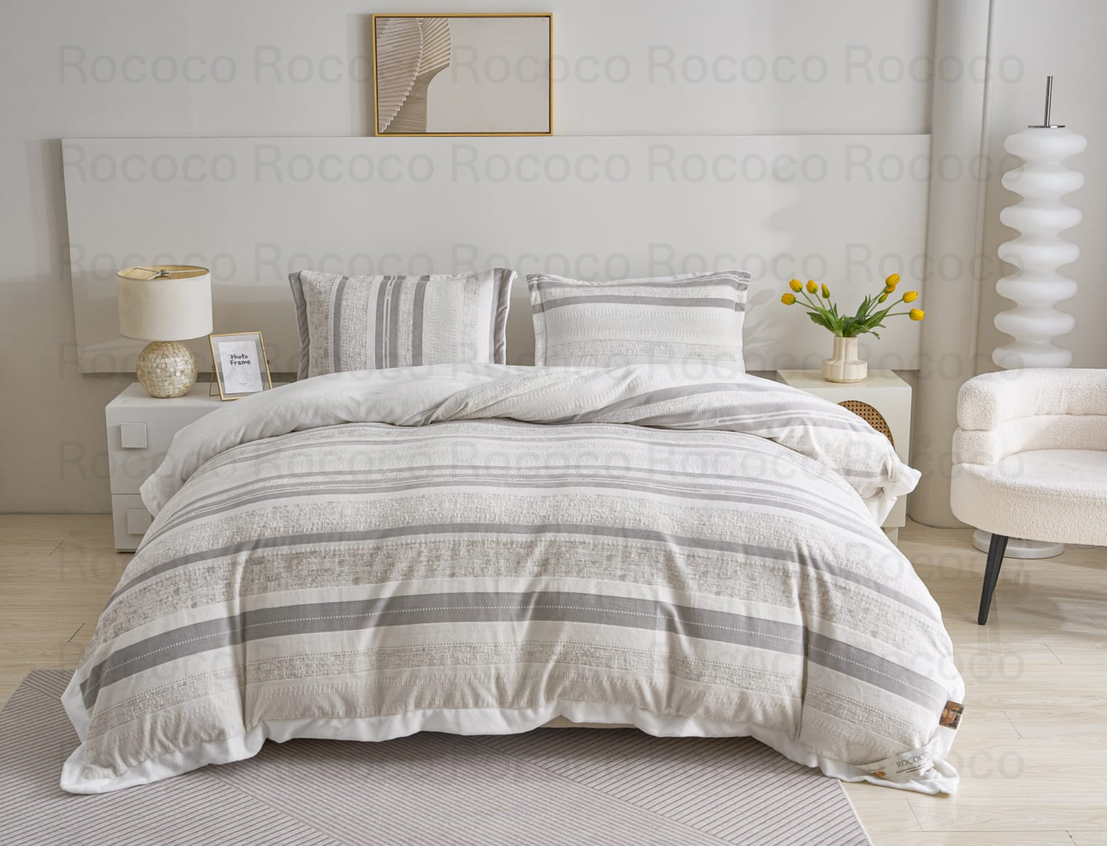 Epic Set Linen Stripe luxury quilt set design and matching pillow covers styled in a modern bedroom interior.