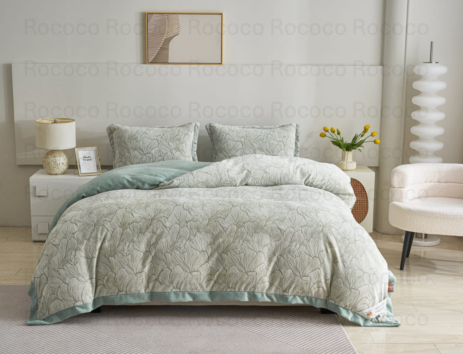 Epic Set Mint Blossom luxury quilt set design and matching pillow covers styled in a modern bedroom interior.