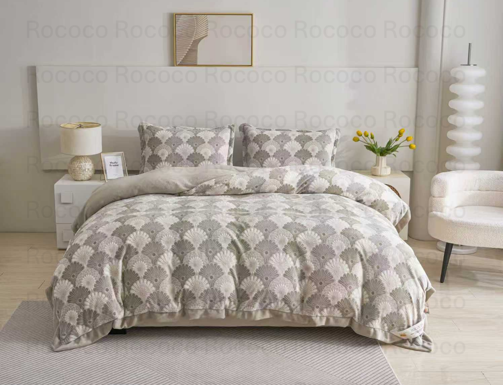 Epic Set Shell Bloom luxury quilt set design and matching pillow covers styled in a modern bedroom interior.