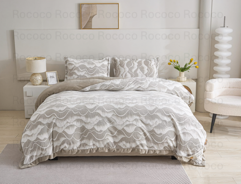 Epic Set Silver Waves luxury quilt set design and matching pillow covers styled in a modern bedroom interior.