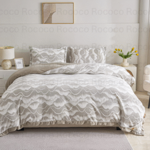 Epic Set Silver Waves luxury quilt set design and matching pillow covers styled in a modern bedroom interior.