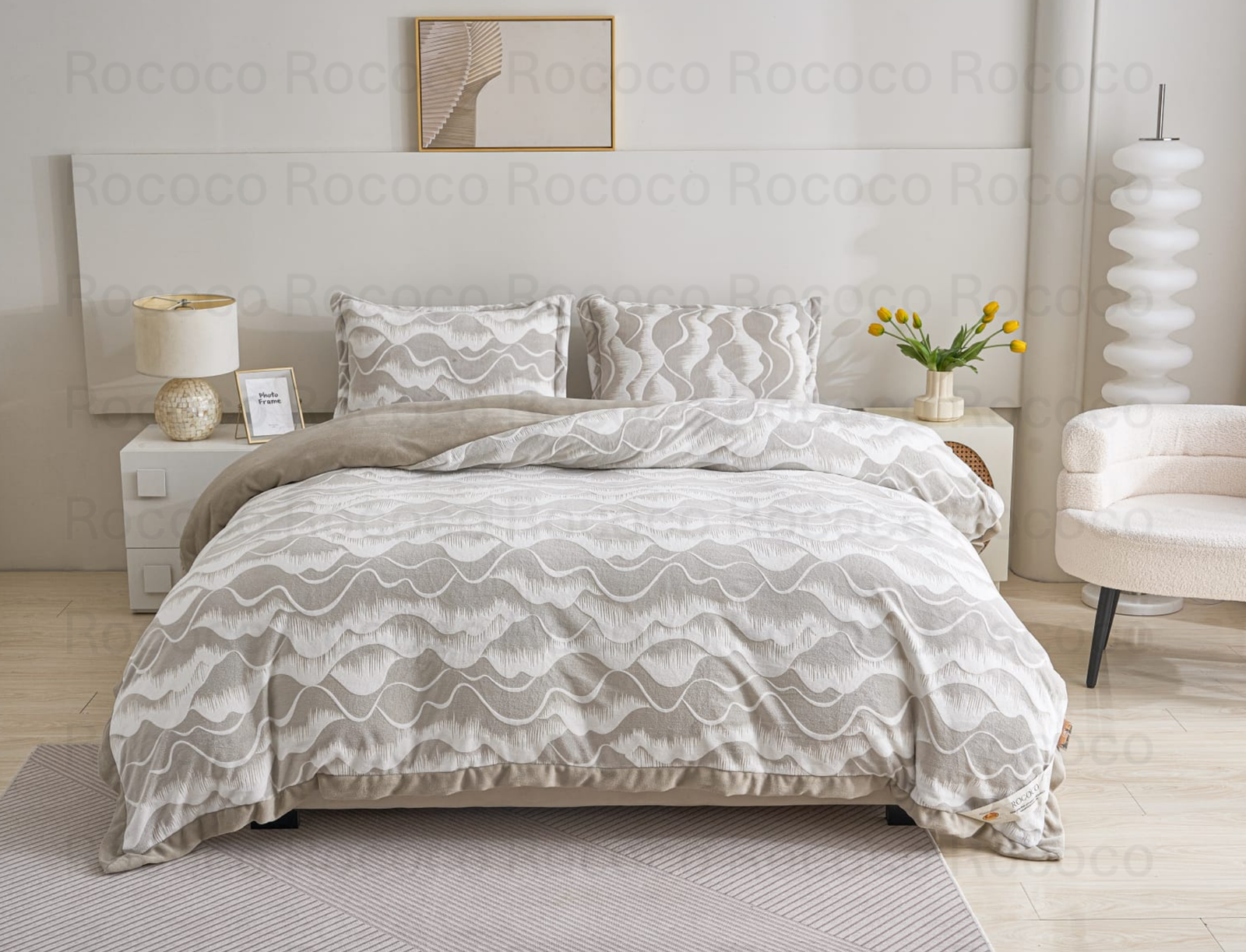 Epic Set Silver Waves luxury quilt set design and matching pillow covers styled in a modern bedroom interior.