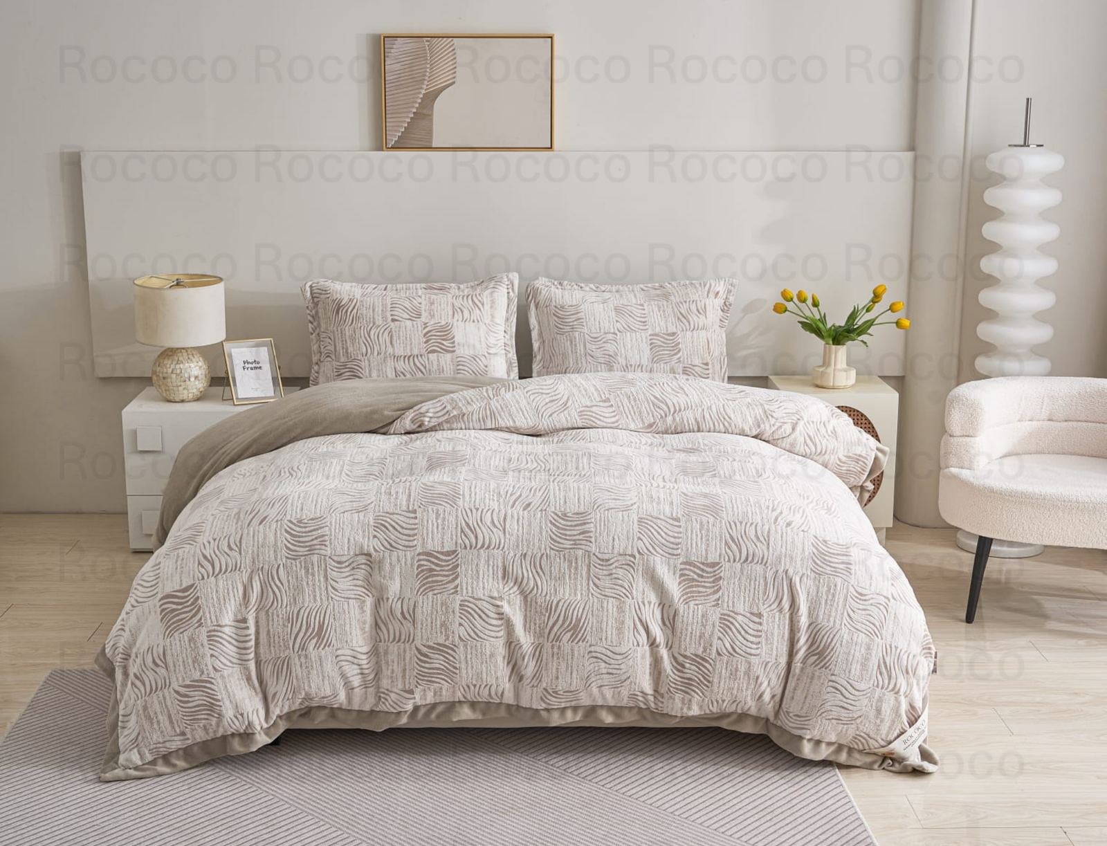 Epic Set Woven Dune luxury quilt set design and matching pillow covers styled in a modern bedroom interior.