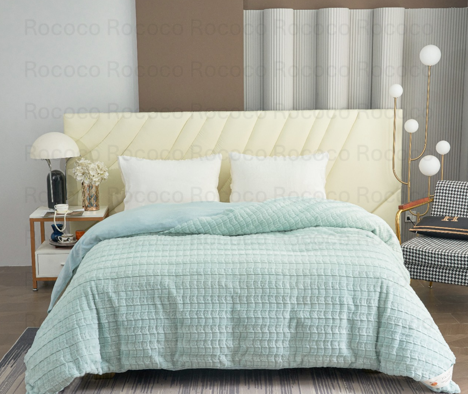 Feather Fold Aqua Blocks soft aqua textured double quilt on modern luxury bed setup