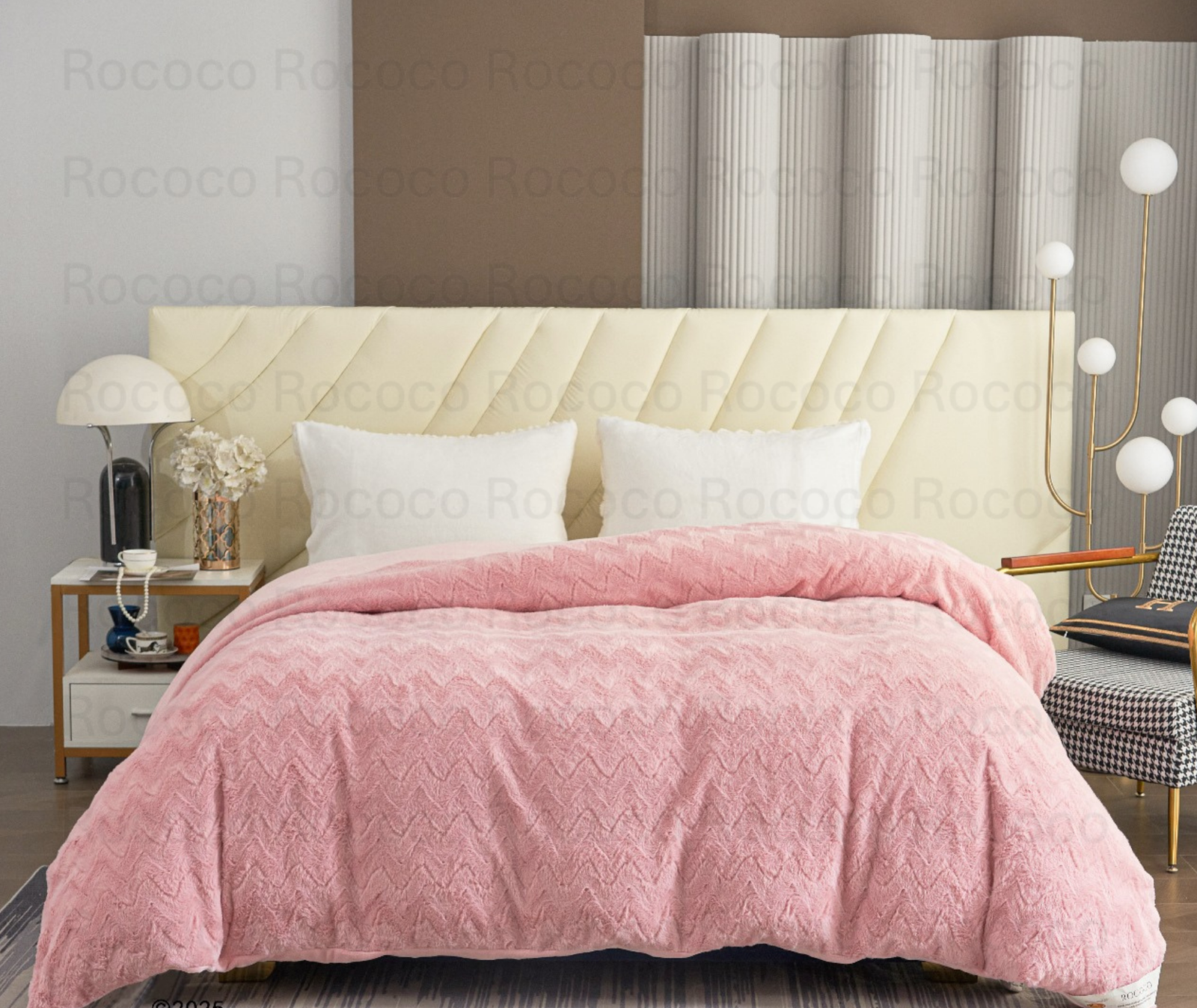 Feather Fold Blush Weave soft pink textured double quilt on modern luxury bed setup