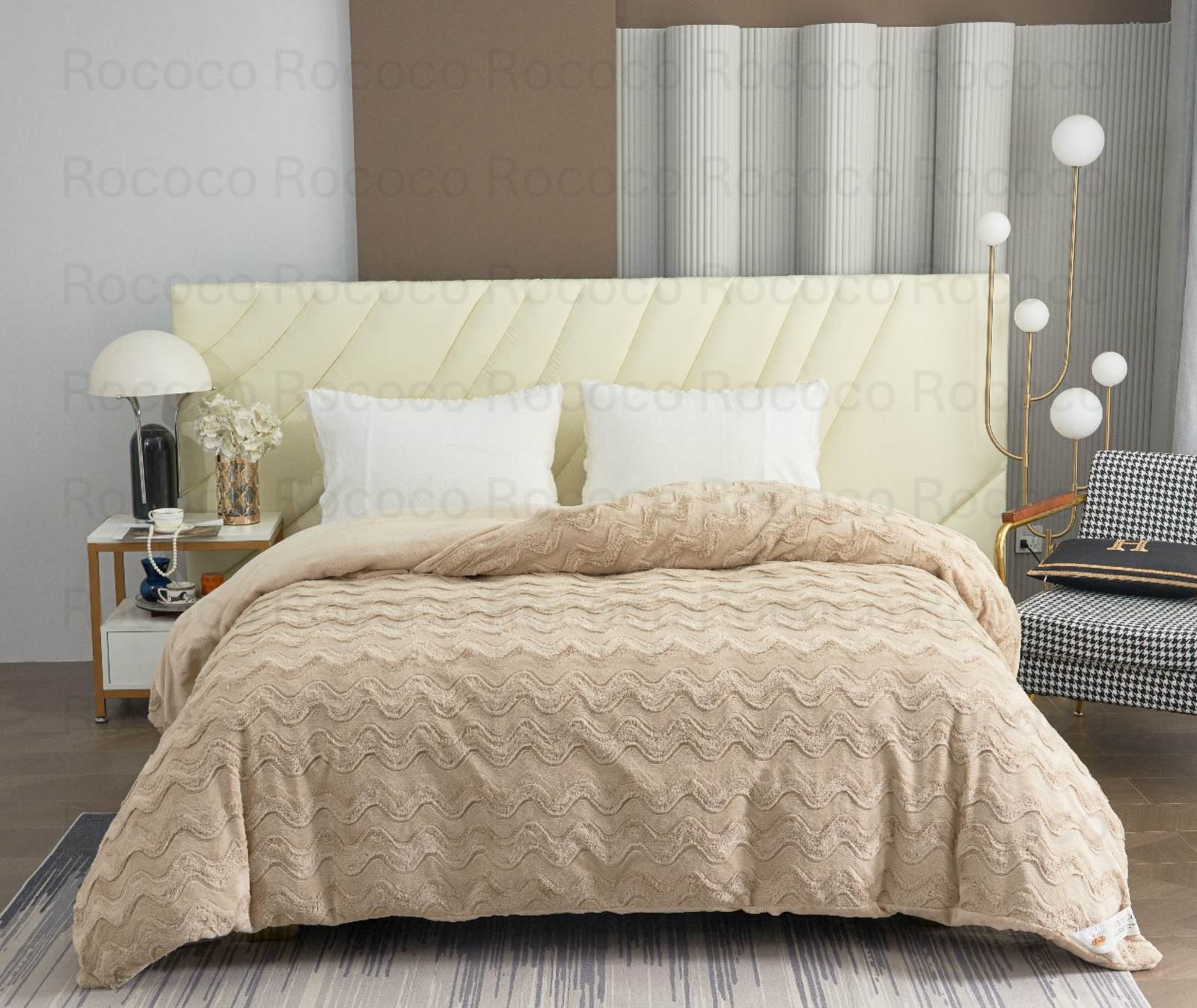 Feather Fold Sand Ripple soft taupe textured double quilt on modern luxury bed setup