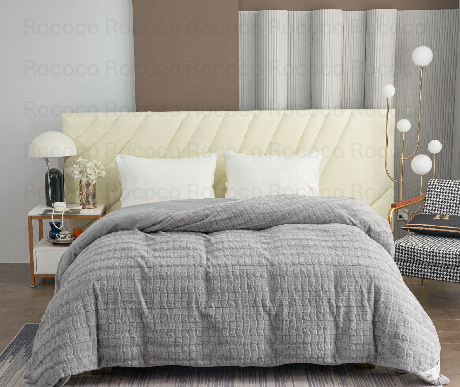 Feather Fold Silver Grid soft grey textured double quilt on modern luxury bed setup