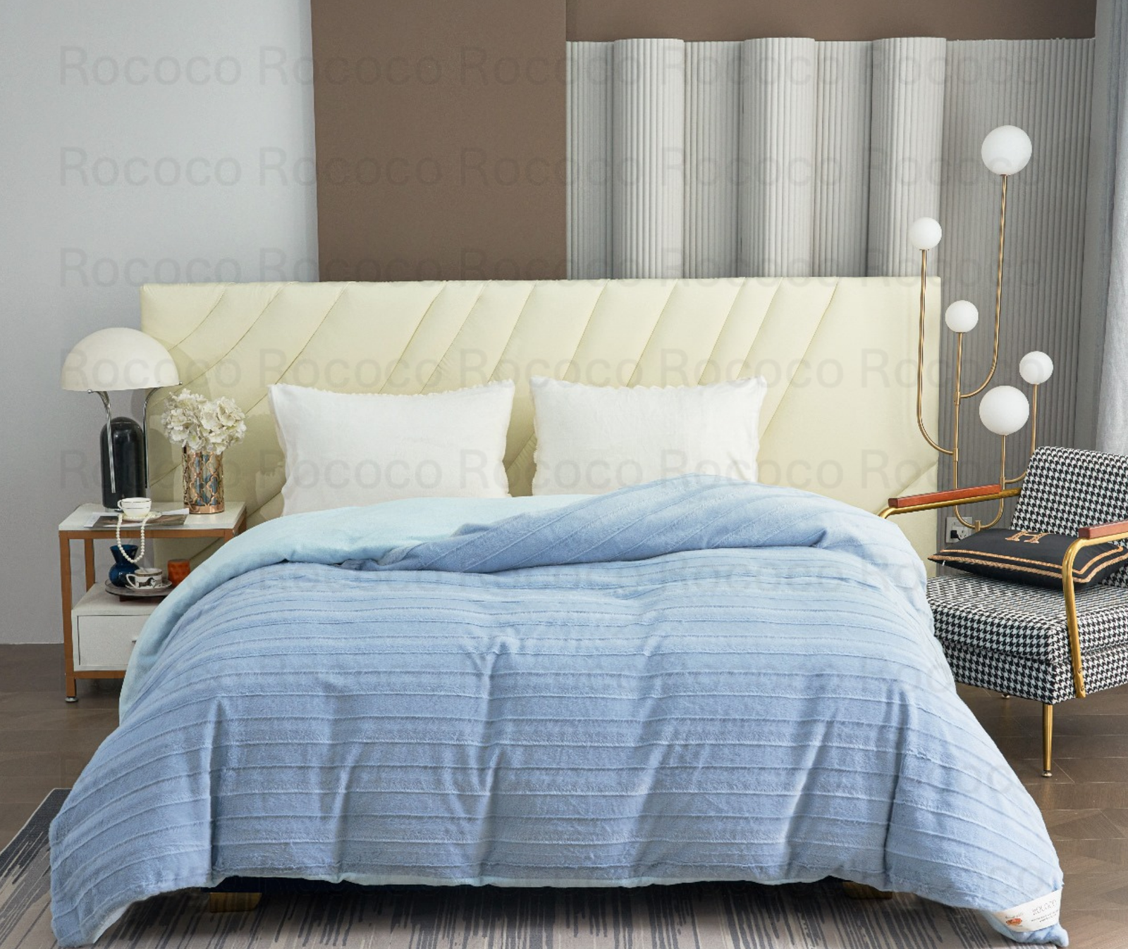 Feather Fold Sky Lines soft blue textured double quilt on modern luxury bed setup