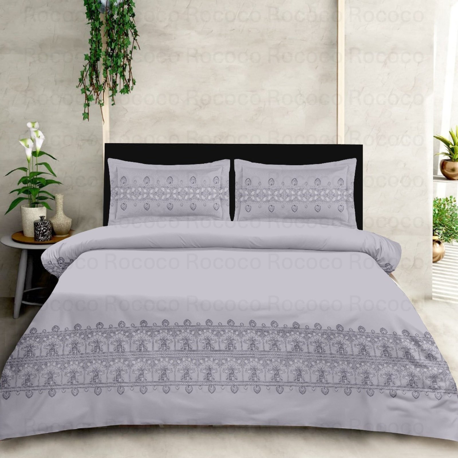 Lavendust Grace premium luxury bedsheet set by Rococo Stately Elegant lavendust cotton bedding for sophisticated interiors