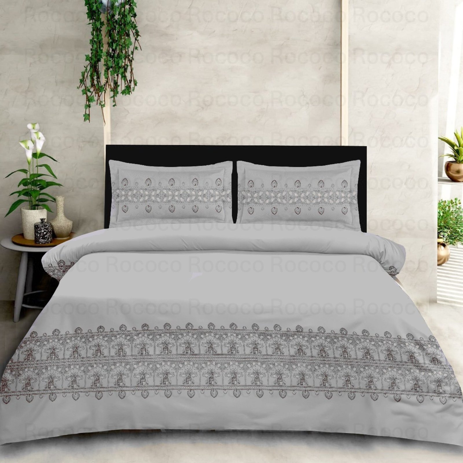 Grey Grace luxury cotton bedsheet set with elegant styling Premium grey bedding collection for modern bedrooms