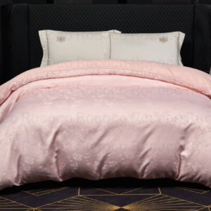 Leaf n’ Loom Blush Bloom luxury jacquard comforter by Rococo Stately for modern bedroom décor.