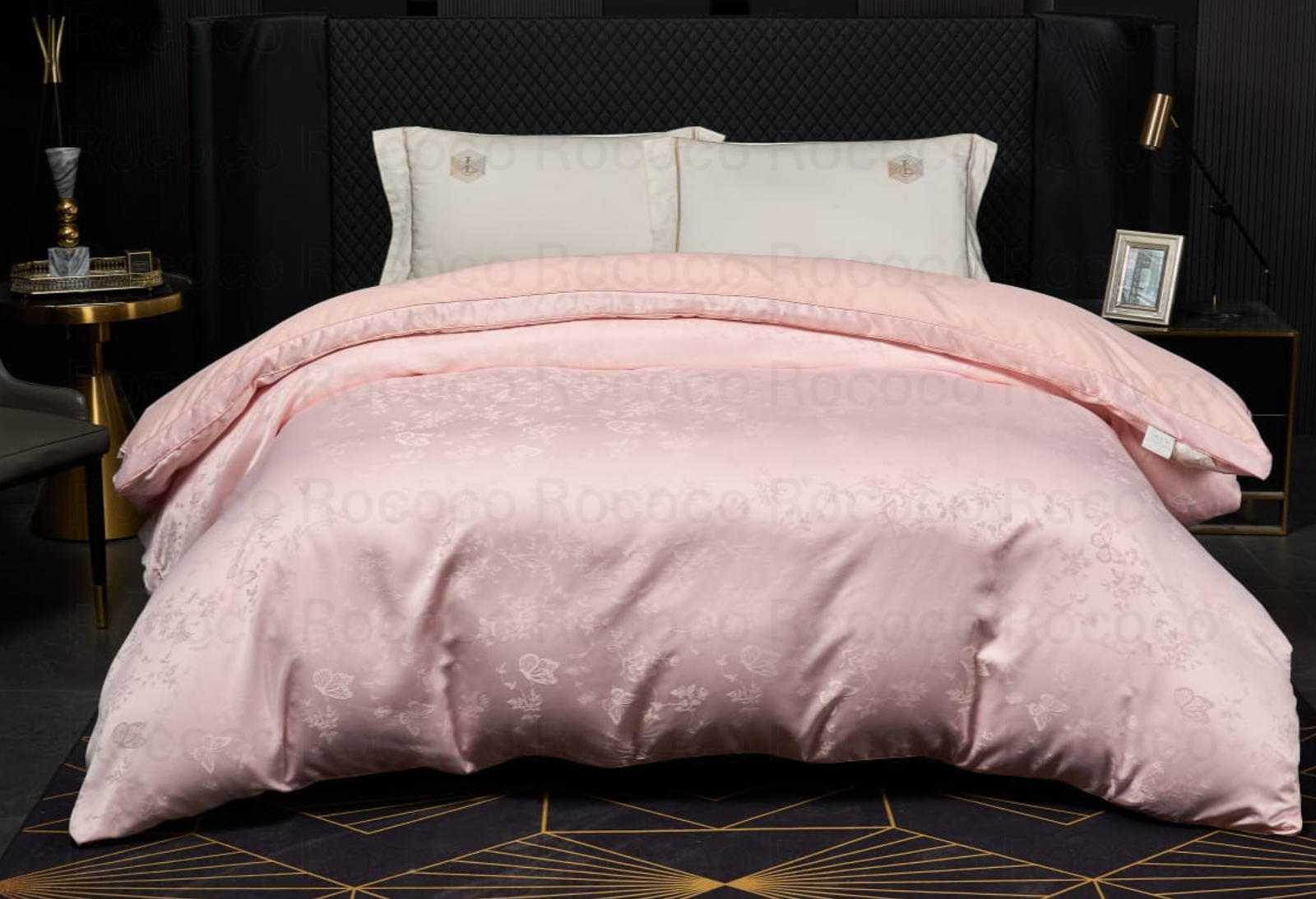 Leaf n’ Loom Blush Bloom luxury jacquard comforter by Rococo Stately for modern bedroom décor.