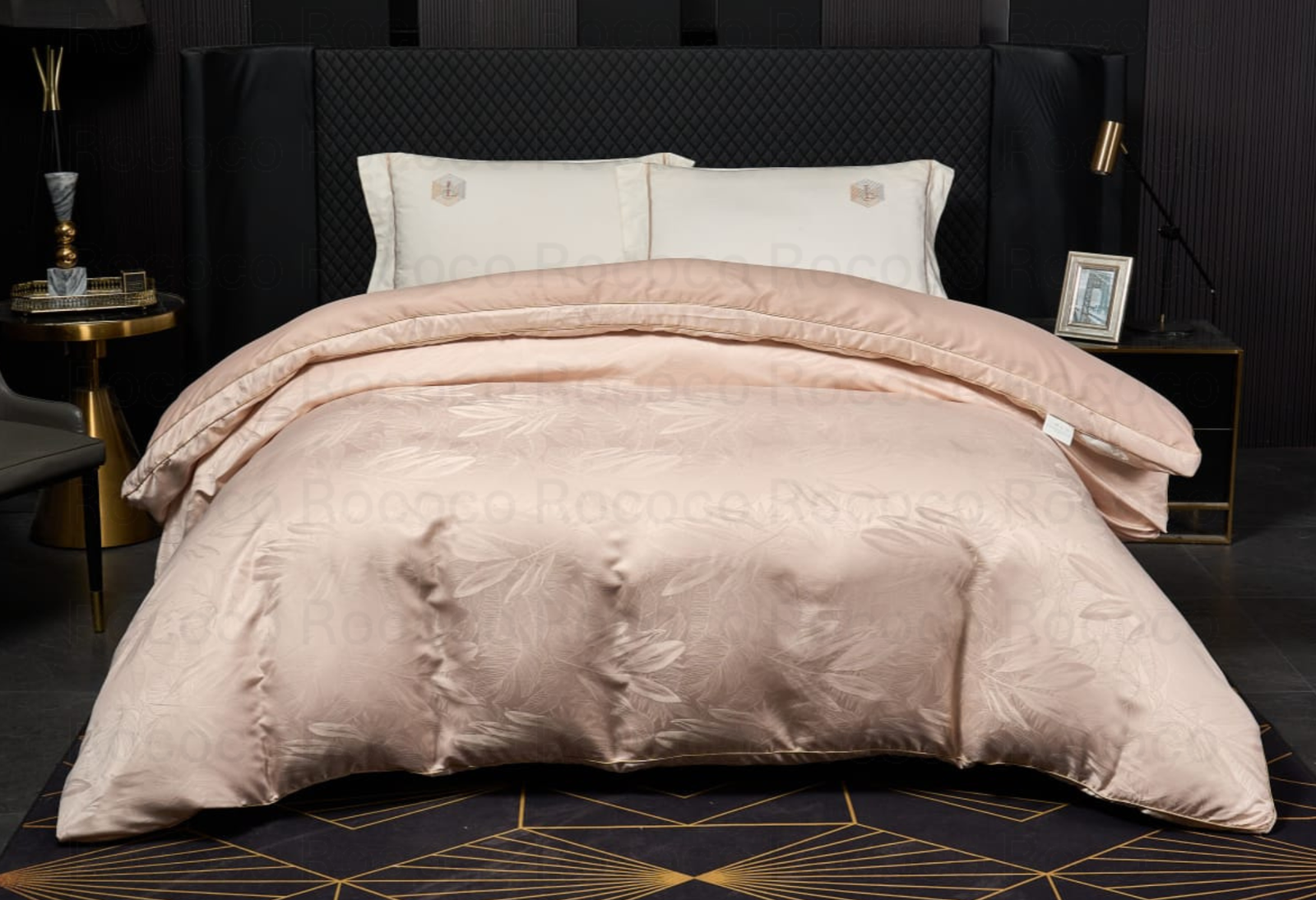 Leaf n’ Loom Champagne Fern luxury jacquard comforter by Rococo Stately for modern bedroom décor.