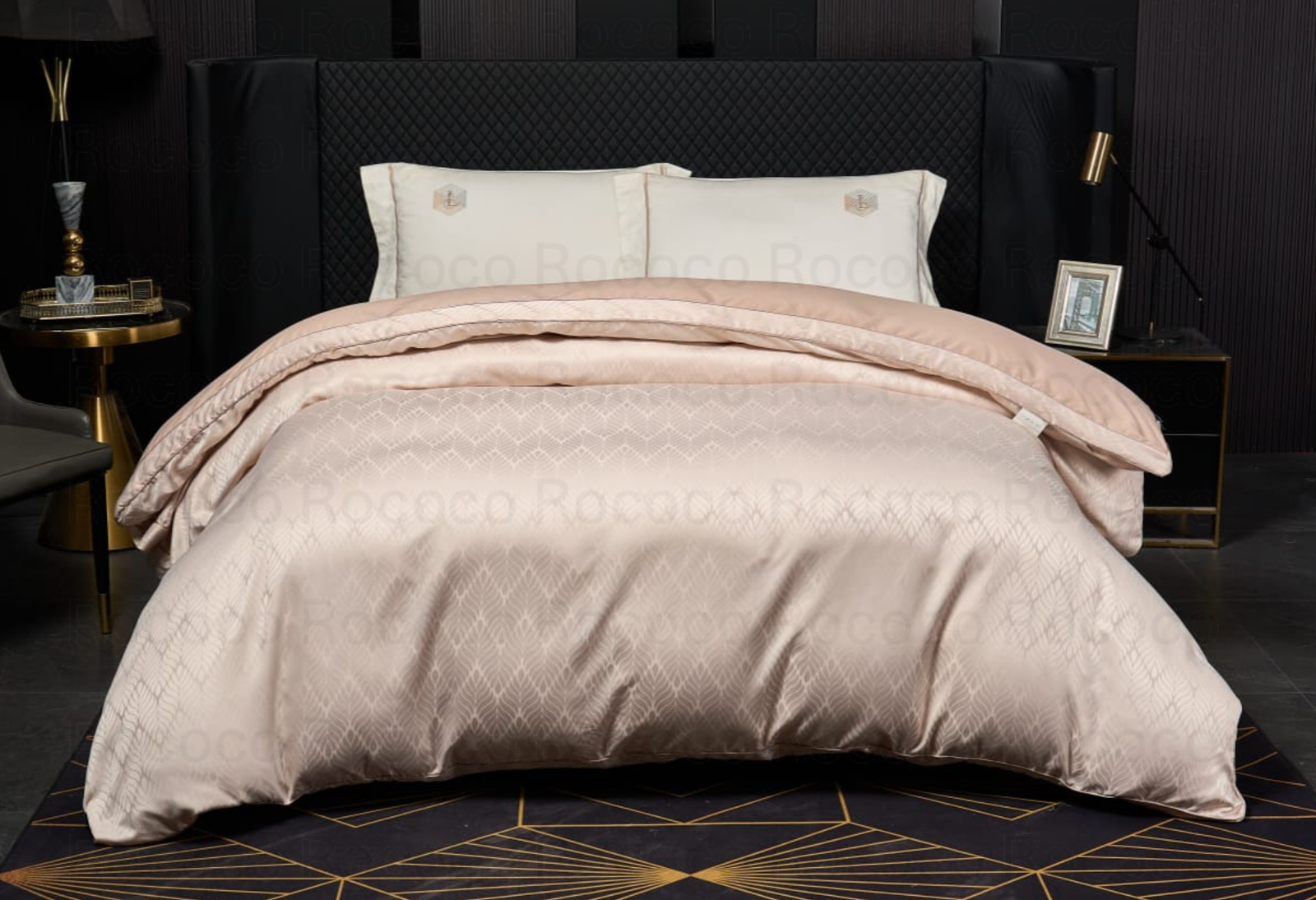 Leaf n’ Loom Champagne Lattice uxury jacquard comforter by Rococo Stately for modern bedroom décor.