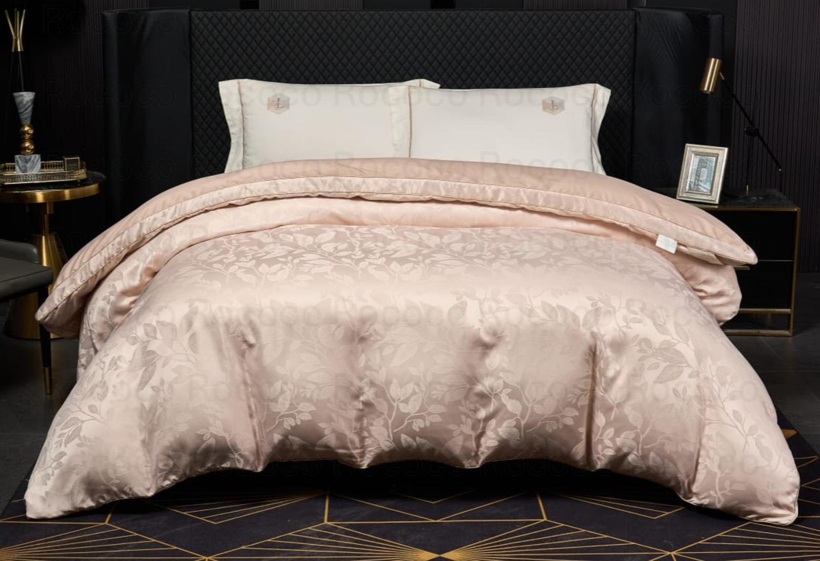 Leaf n’ Loom Champagne Leaf luxury jacquard comforter by Rococo Stately for modern bedroom décor.