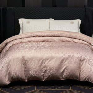 Leaf n’ Loom Golden Blossom luxury jacquard comforter by Rococo Stately for modern bedroom décor.