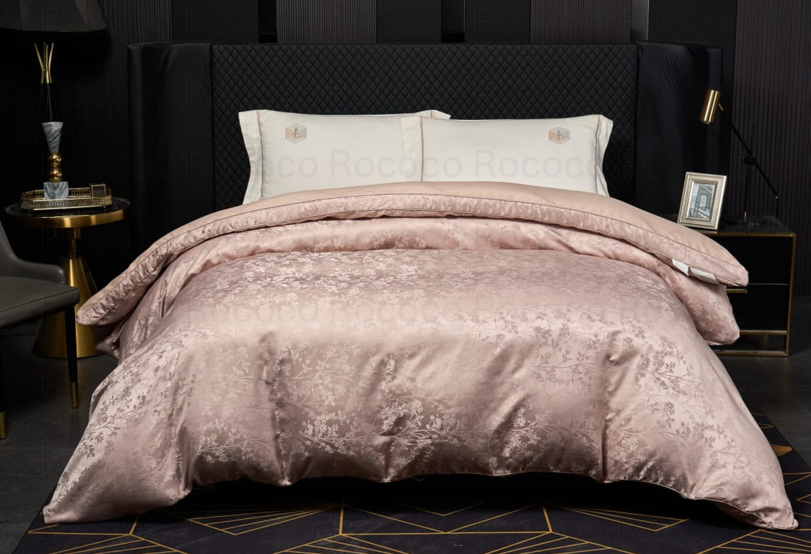 Leaf n’ Loom Golden Blossom luxury jacquard comforter by Rococo Stately for modern bedroom décor.