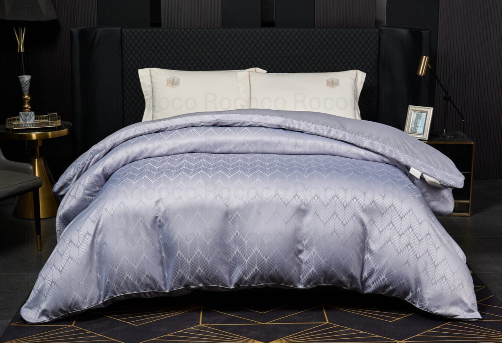 Leaf n’ Loom Lavendust Lattice luxury jacquard comforter by Rococo Stately for modern bedroom décor.