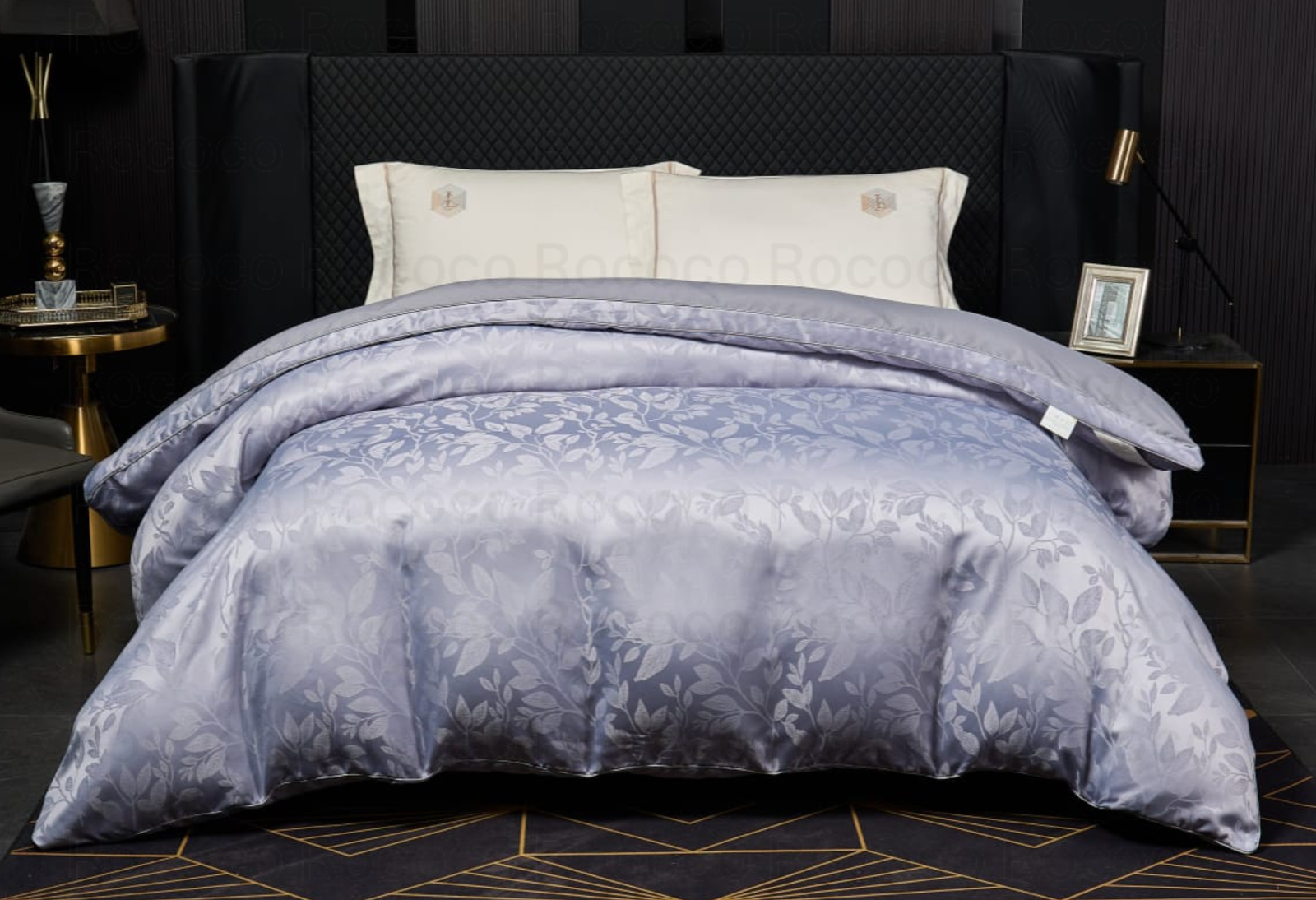 Leaf n’ Loom Lavendust Leaf luxury jacquard comforter by Rococo Stately for modern bedroom décor.