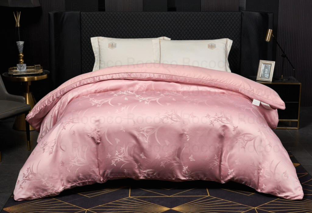 Leaf n’ Loom Rose Vine luxury jacquard comforter by Rococo Stately for modern bedroom décor.