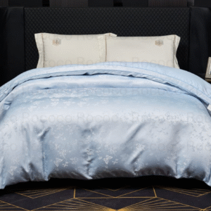 Leaf n’ Loom Sky Bloom luxury jacquard comforter by Rococo Stately for modern bedroom décor.