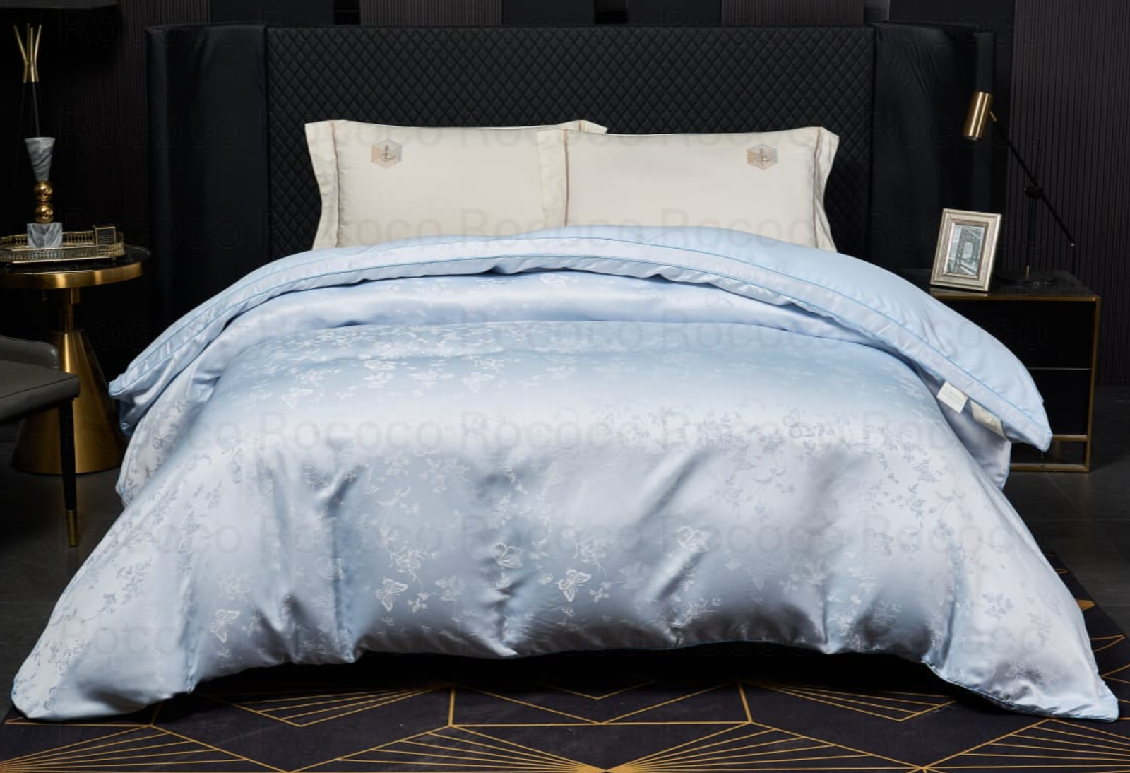 Leaf n’ Loom Sky Bloom luxury jacquard comforter by Rococo Stately for modern bedroom décor.