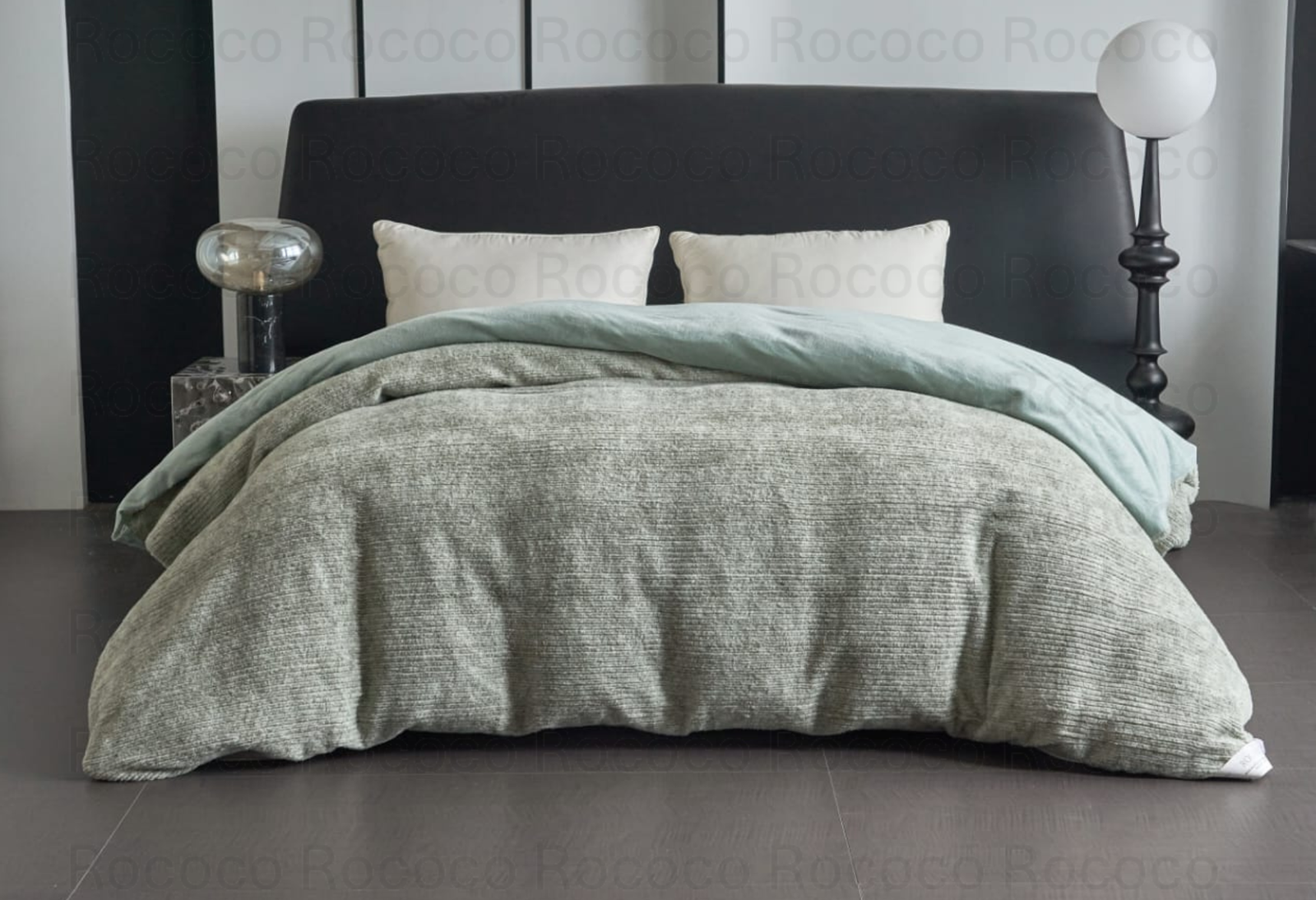 Snuggle Haven Sage Breeze green textured luxury quilt on modern double bed