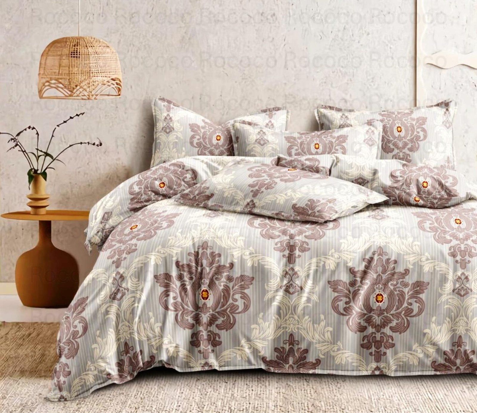 Luxury Vintage beige king size cotton bedsheet with elegant print for modern bedroom decor
